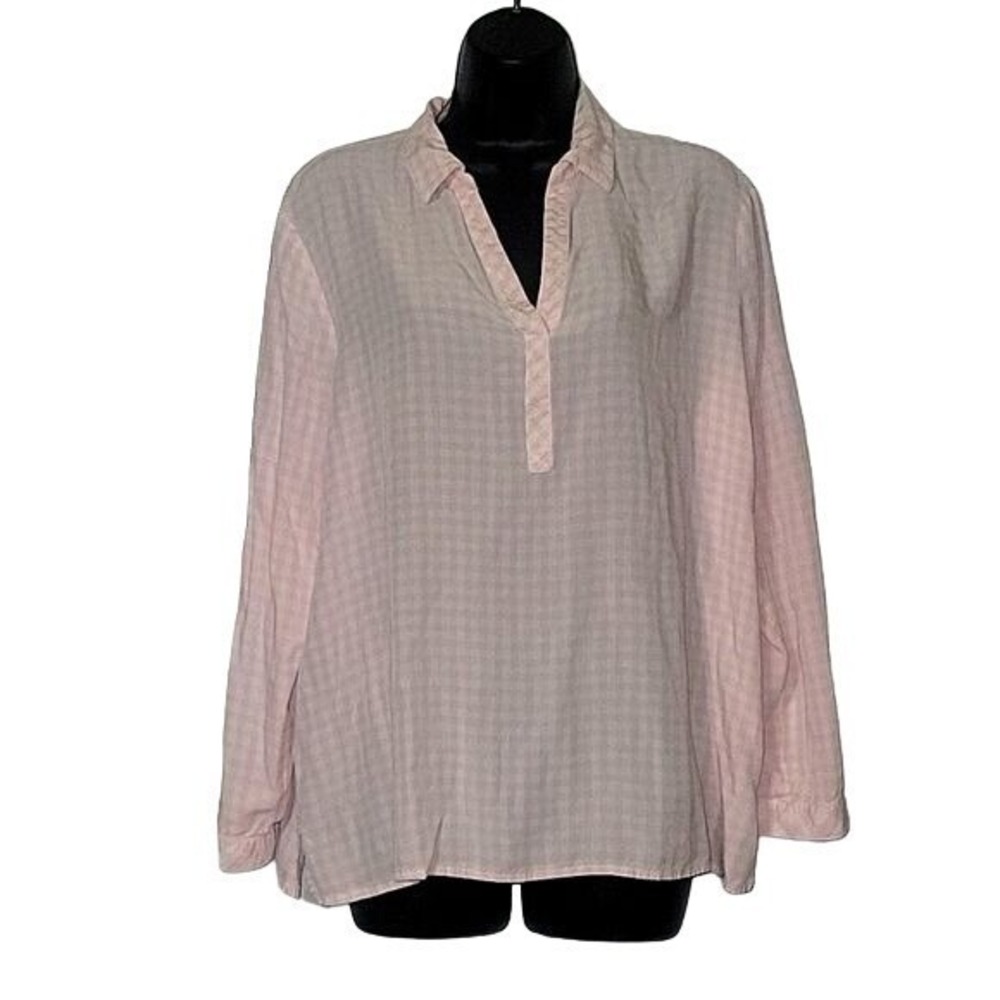 Pink Gingham Long Sleeve‎ Blouse Collared V Neck Pullover Top Size